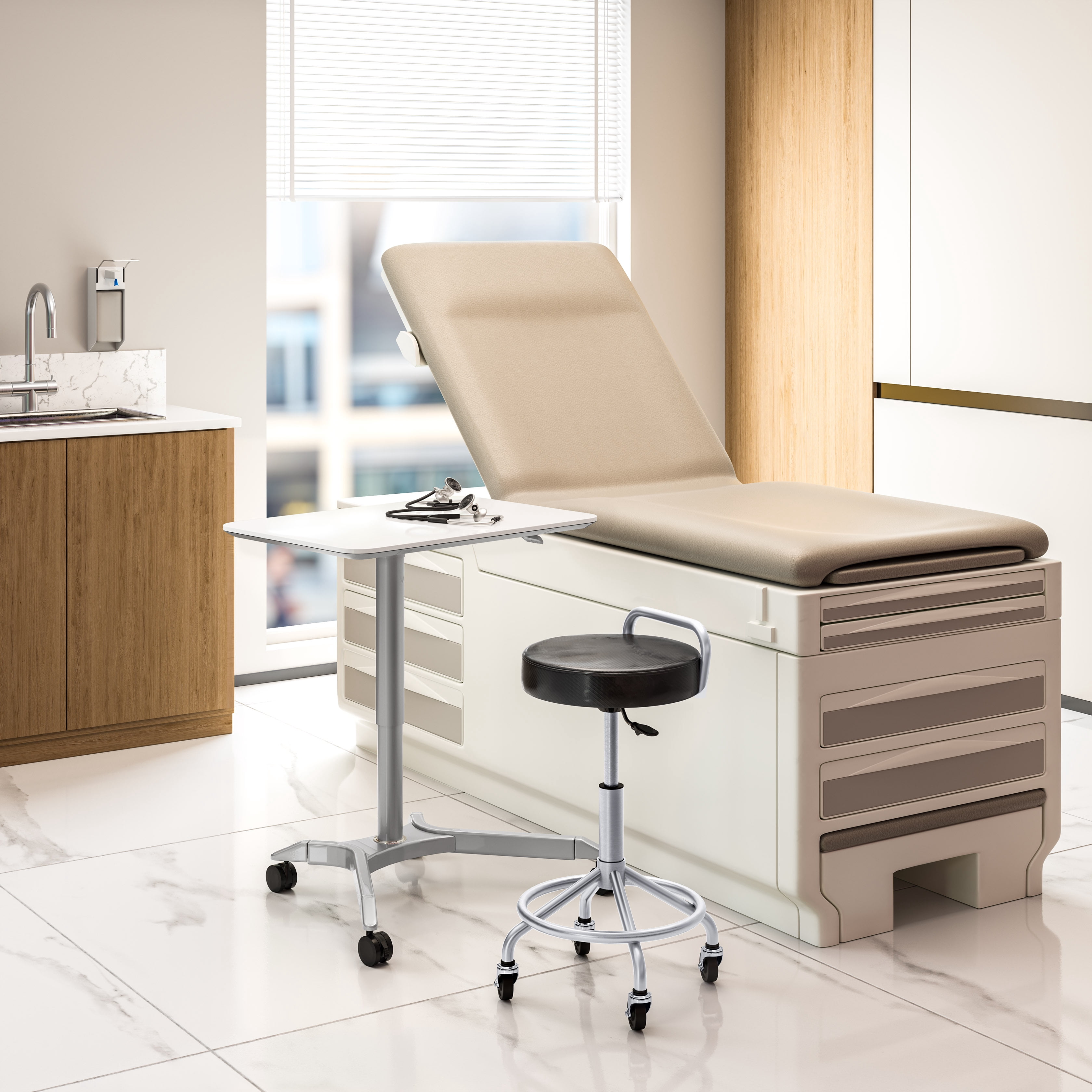 Seville Classics Air Lift Sit-Stand Rolling Height Adjustable Pneumatic Mobile Desk Cart with Wheels, White