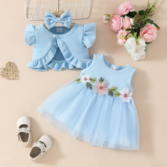 TOOYOU Toddler Girls Outfits Sleeveless Short Coat   Sleeveless Floral Mesh Tutu Dress   Headband 3 Piece Set Fashion Casual Clothing Set Blue Size 9-12 Months