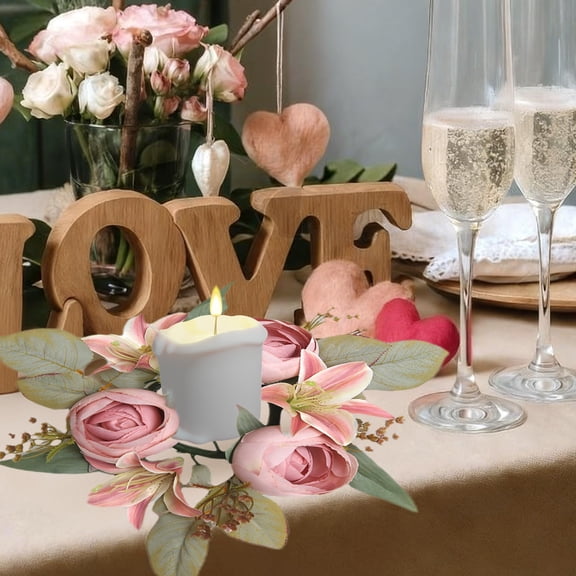 Artificial Lily Candle Holder Wreath Valentine's Day Home Decor Floral Centerpiece for Dining Table Living Room Mantel Hanging Wall Decor with Roses and Greenery