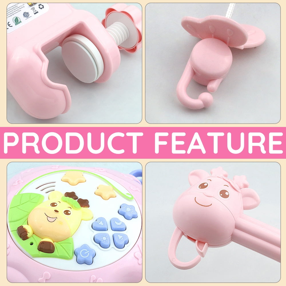 Baby Crib Mobile with Remote Control, Music, Star Planet Projector, 360° Rotation - Pink Musical Baby Mobile with Detachable Chewable Rattles & Teethers