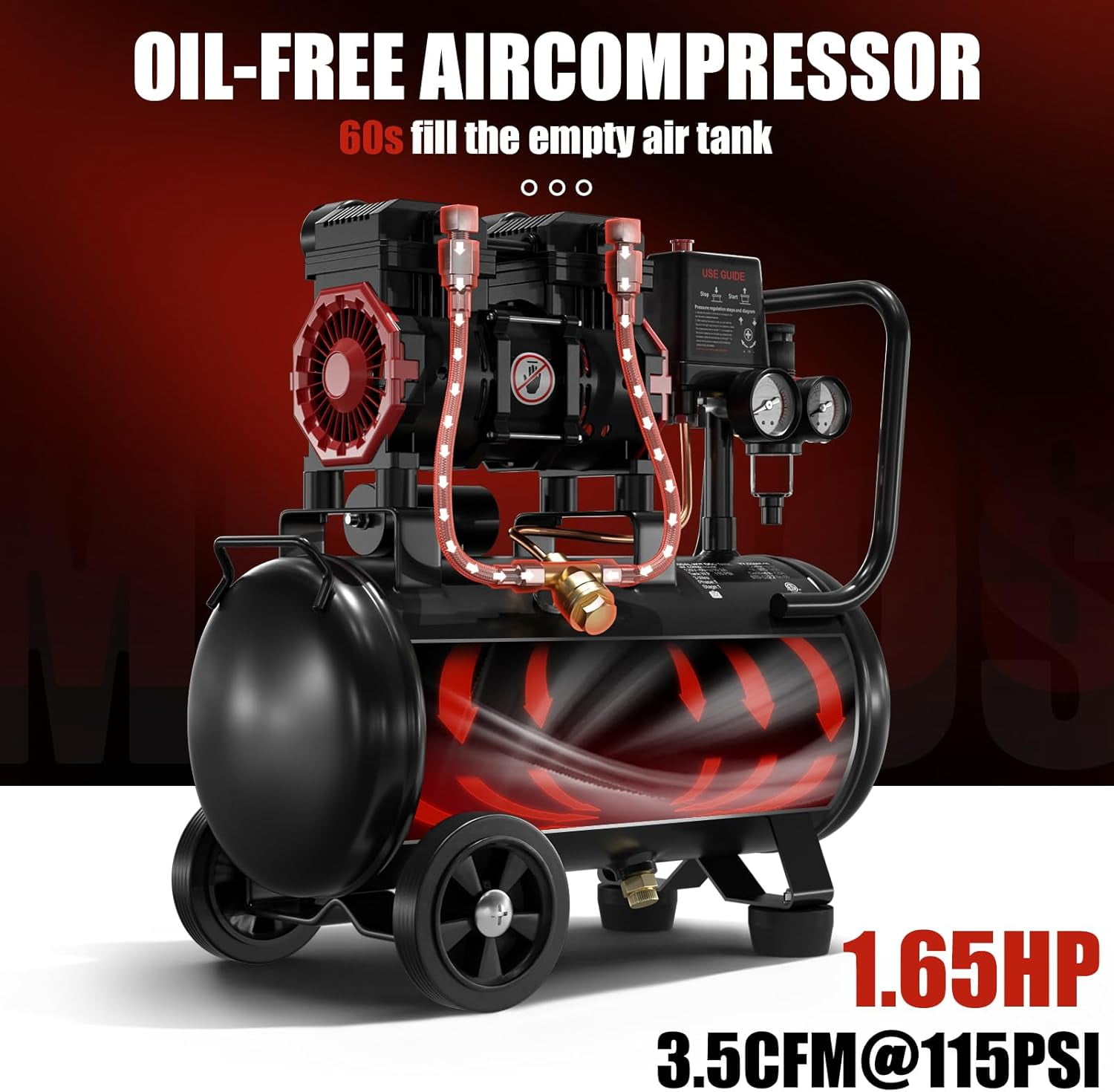 1.65 HP 110V Portable 116 Max PSI Oil-Free Air Compressor with 10 Gallon Steel Tank for Garage Tire Inflation