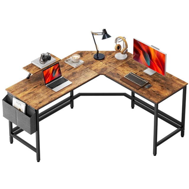 soges Bureau en Forme de L avec Sac de Rangement Latéral, Bureau d'Ordinateur de 59 Pouces avec Support pour Moniteur, Bureau d'Écriture Robuste pour Bureau à Domicile avec Coin Arrondi, Bureau de Jeu, Brun Rustique
