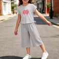 thumbnail image 6 of HOMBOM Girls Summer Outfits Heart Print Crew Neck Short Sleeve Top with Side Drawstring & Elastic Waist Capri Pants 2 Piece Casual Set Age 2-10Y,Gray,2-3 Years, 6 of 6