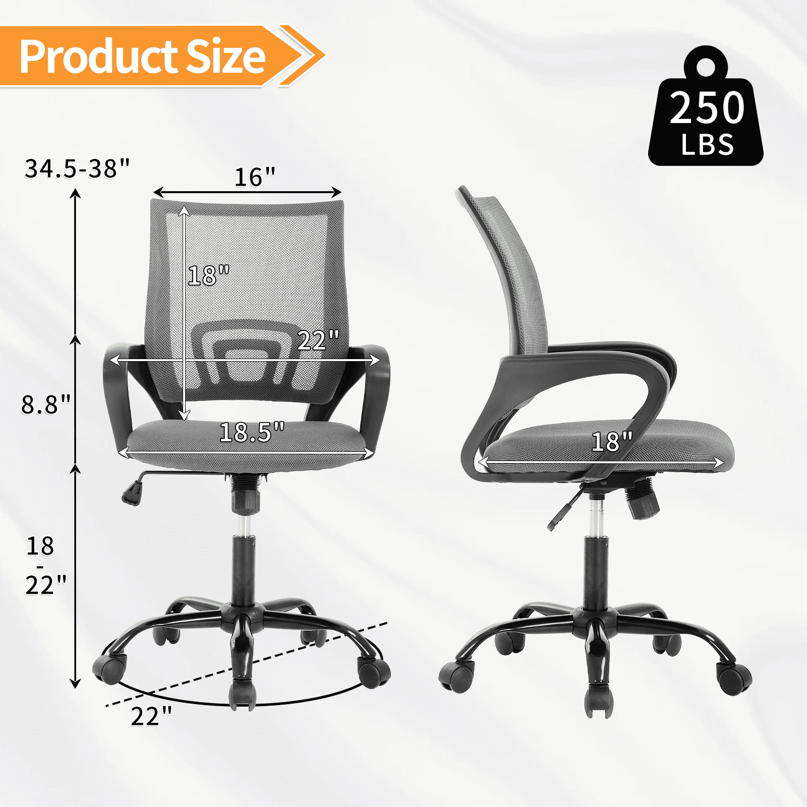Mid Back Computer Chair Mesh Office Chair Height Adjustable Task Rolling Swivel Chair Comfortable Seat & Back Support Ergonomic Desk Chair with Armrest & 360 Degree Casters,Grey