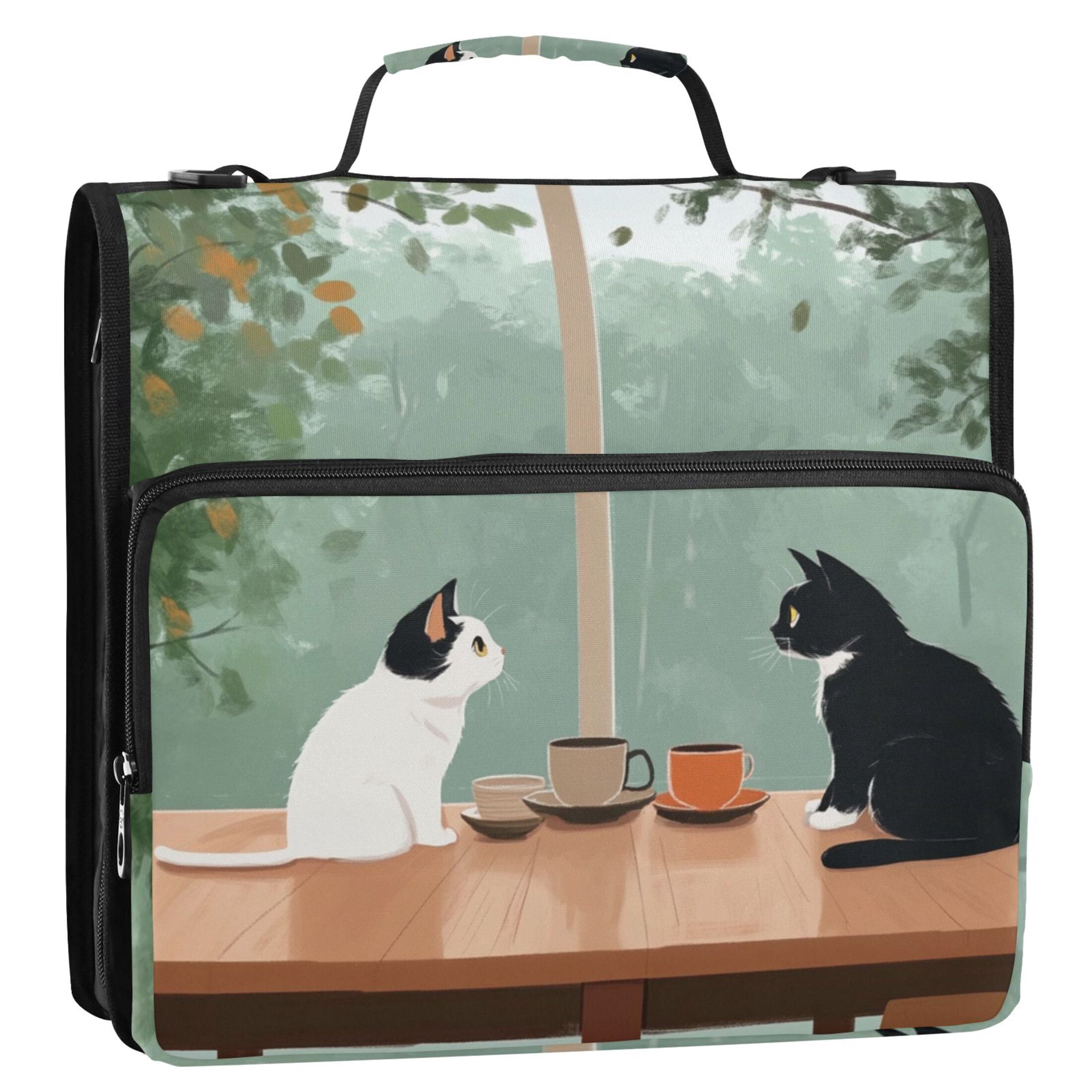 Zipper Binder Coffee Cat 1.5 Inch Binder Folder Bag with Shoulder Strap and Handle