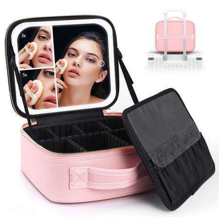 VANMRIOR Travel Makeup Bag with LED Lighted Make up Case with 3X 5X Magnification Mirror Cosmetic Makeup Box Organizer Vanity Case for Women Beauty Tools Accessories Case Rechargeable