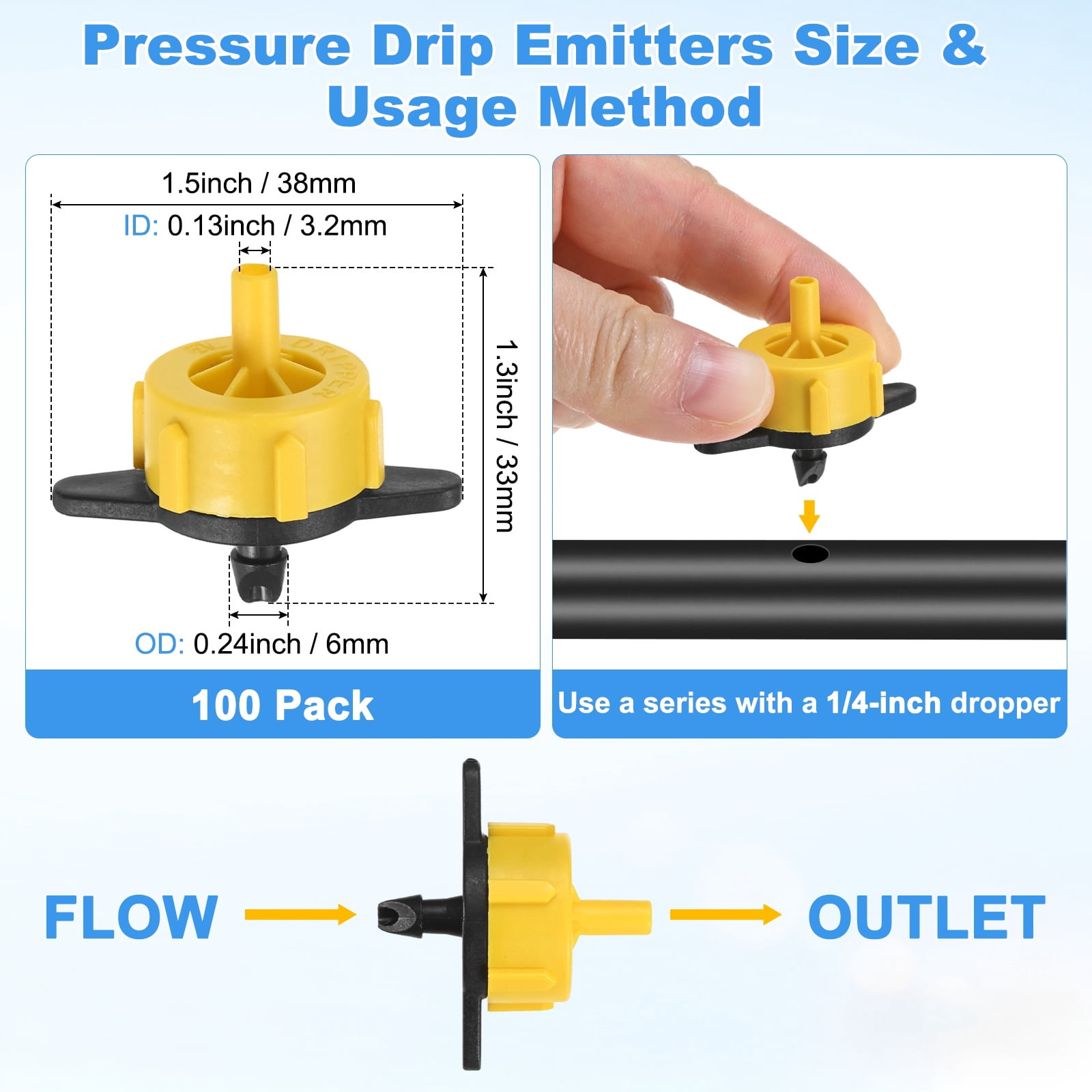 Uxcell 100-Pack Drip Irrigation Emitters, 0.5 GPH Plastic Irrigation Drippers for Garden Lawn Drip Irrigation System [Yellow]