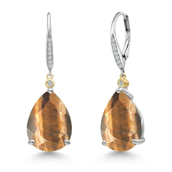 Gem Stone King 925 Silver and 10K Yellow Gold Brown Tiger Eye and White Lab Grown Diamond Dangle Earrings for Women | 14.03 Cttw | Gemstone | Pear Shape 16X12MM