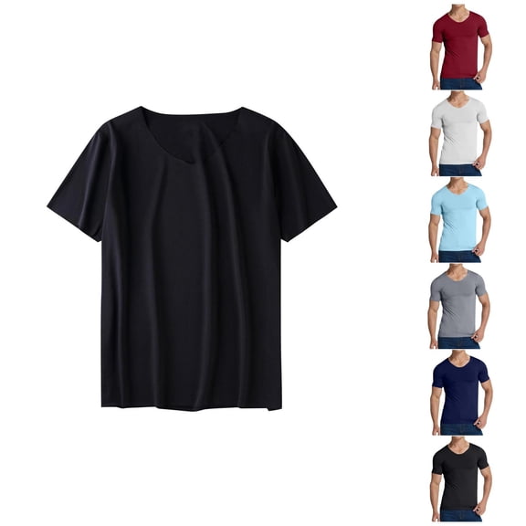 Ahuyic Mens Plus Size Top,Mens Summer Blouse,Mens Solid Color V-Neck Short-Sleeved Pullover T-Shirt Fitness and Outdoor Seamless Stretch Tight Light Blue XXXXXL