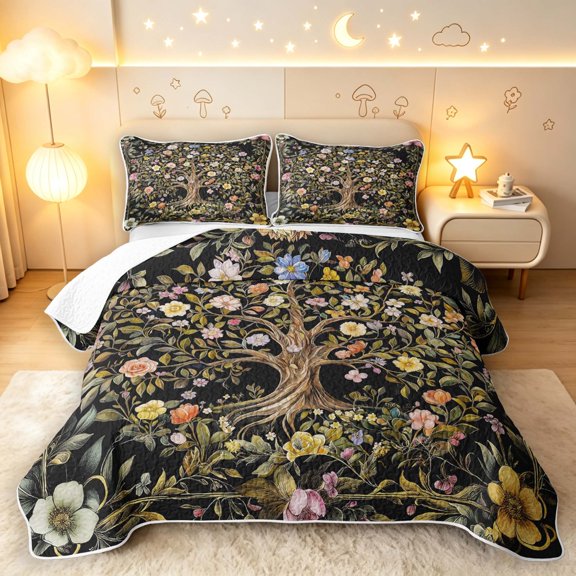 Homewish Vintage Tree Of Life Twin Quilt Set,Romantic Floral Twin Coverlet Set,Black Green,Black Reversible,2pcs