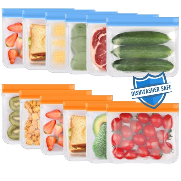 Lerine 12 Pack Dishwasher Safe Reusable Sandwich Bags, Leakproof Double Zipper, Freezer Bags,Orange&Blue