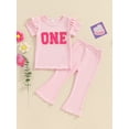 thumbnail image 5 of Aojekbee Baby Girl 2Pcs Birthday Outfits Short Sleeve Letter Embroidery Tops + Flare Pants Set Toddler Clothes, 5 of 10
