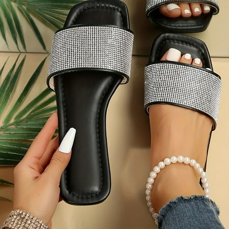 

Women s Rhinestone Pattern Sandals Slip On Lightweight Flat Casual Shoes Glitter Vacation Beach Shoes