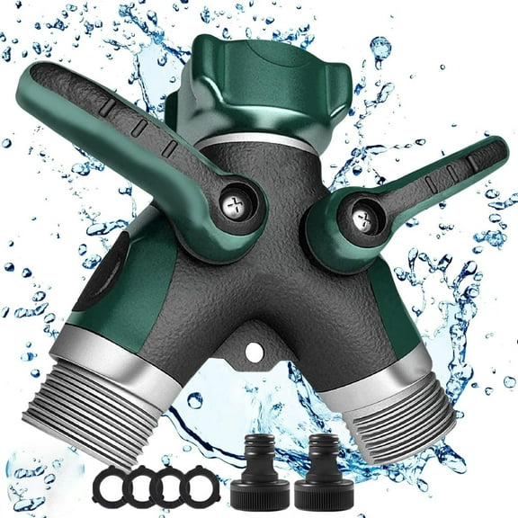 USIONE Hose Splitter 2 Way Heavy Duty Outdoor Faucet and Garden Connector - Water Spigot Splitter - Durable All-Metal Y Adapter with Shut-Off Valve - 4 x 4 x 1.5 Inches
