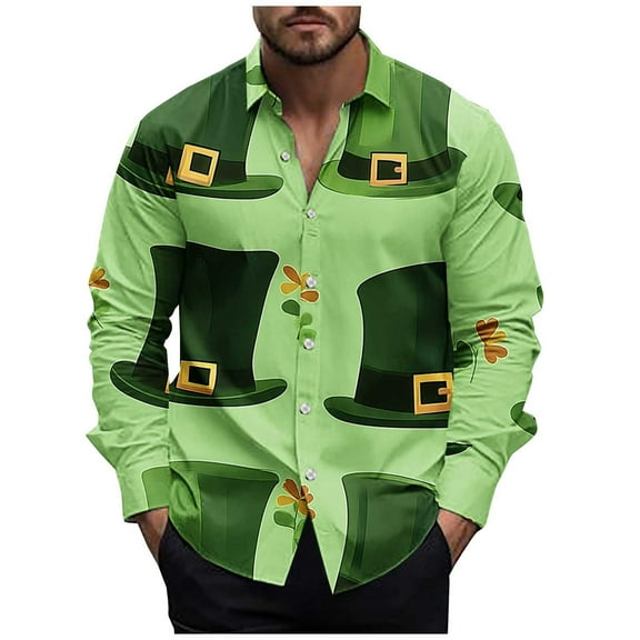 Jgppe Men's St Patricks Day Shirt Print Button down Long Sleeve Shirts Lapel Dress Shirt
