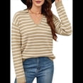 thumbnail image 2 of Suéteres de Mujer 2025, Cuello en V, Larga, Tops A Rayas, Otoño Invierno, Ropa de Punto Cómoda, Suéter Tipo Pulóver Marrón y L, 2 of 10