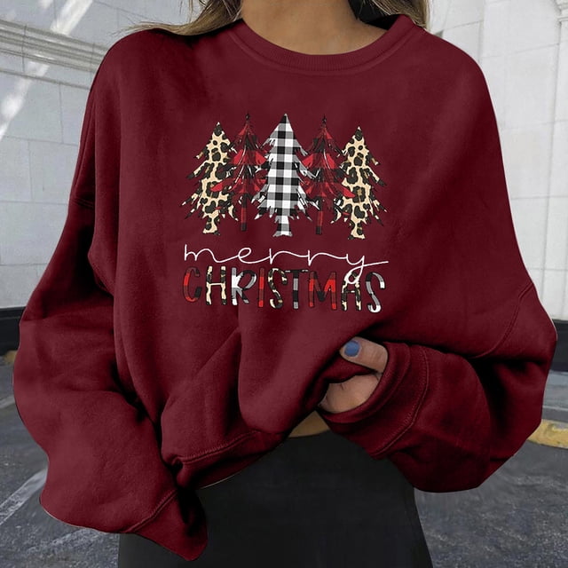 WITORNTS Chandail en Molleton pour Femmes Automne, Noël Mode Décontractée Imprimé Col Rond Ample Manches Longues Hauts Courts Blouse, Chandails en Molleton Sans Capuche