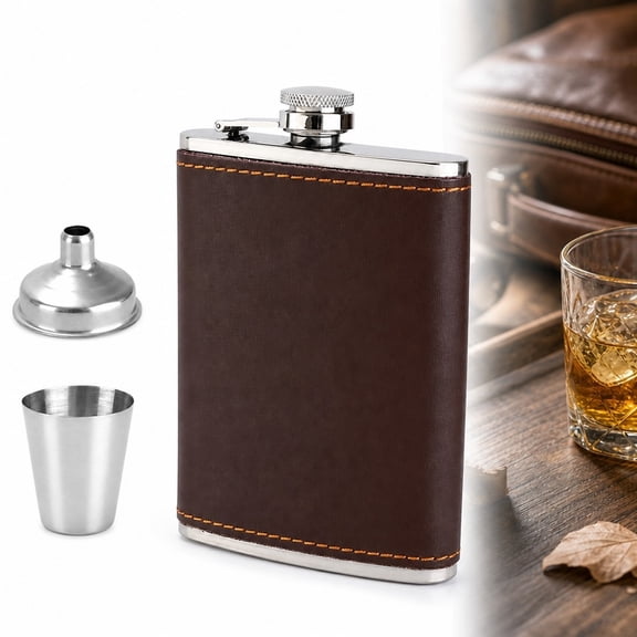 Stainless Steel Flask 9oz, Leather Hip Flask for Liquor, Pocket Flask with Funnel and Cup, 304 Steel Leak-proof for Travel, Outdoor, Camping & More