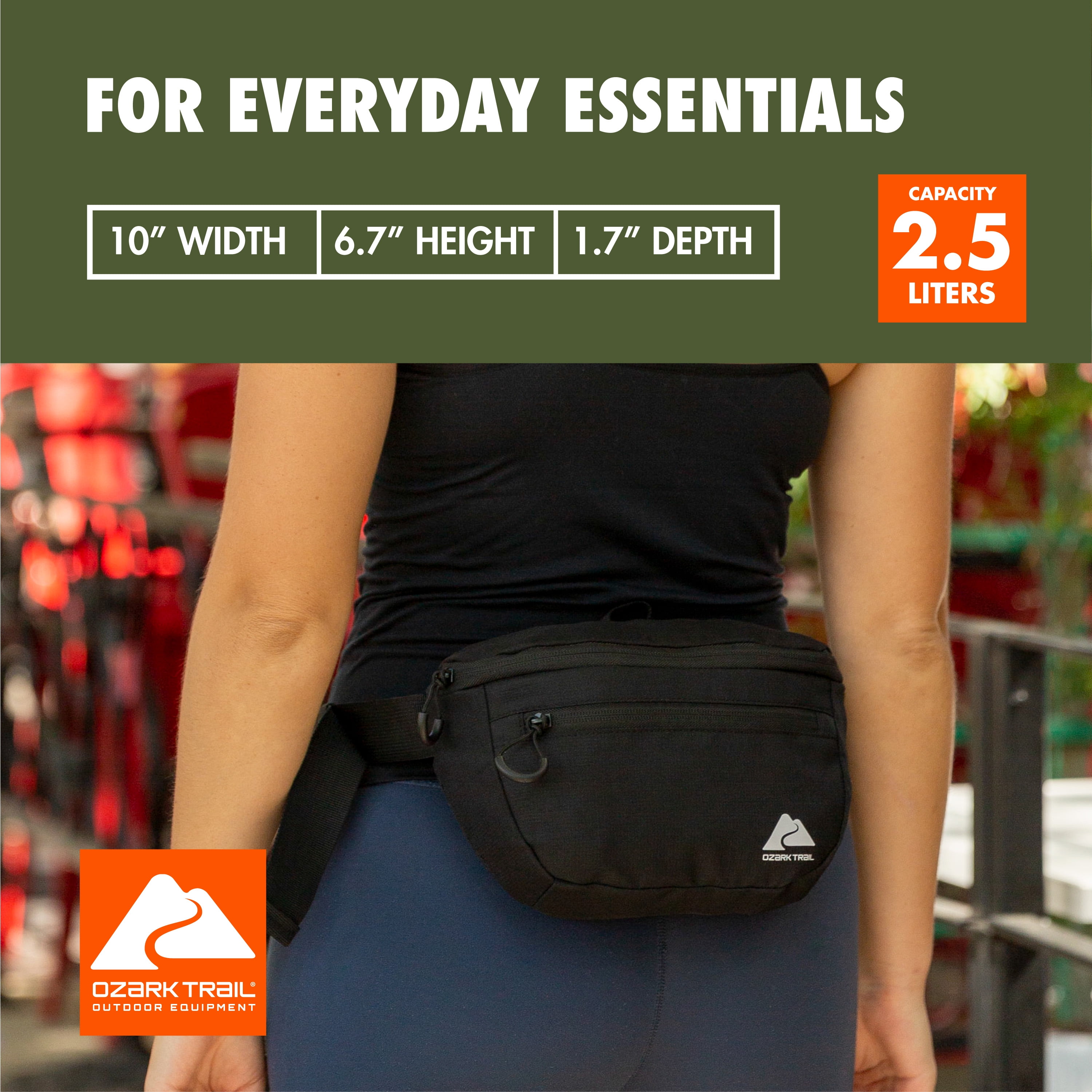 Ozark Trail Adjustable Belt Unisex Fanny Packs 2.5 Ltr, Polyester, Black Solid Print