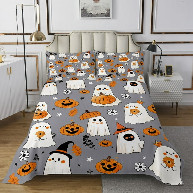 Erosebridal Horror Pumpkin Coverlet Set Queen, Grey Bedding Set, Halloween Ghost Reversible Bed Set, Lightweight Room Decor, 3 Pieces