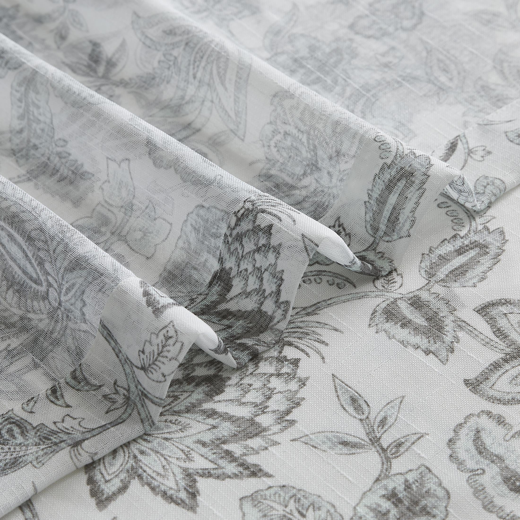 AZZCIA Sheer Curtains 52"x84", Gray Botanical Floral Leaf Print Linen Texture Grommet Drapes for Living Room