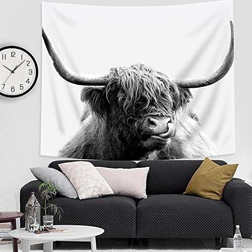 Homewelle Highland Cow Tapestry Animal Cute 51Hx59W Inch Cool Western Farmhouse Country Funny Portrait Bull Cattle Wildlife Aesthetic Novelty Art Wall Hanging Bedroom Living Room Dorm Decor Fabric