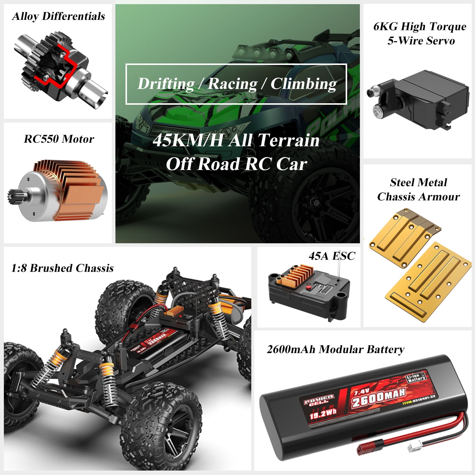High Speed RC Car, 45KM/H, All Terrain 1:8 Off Road Vehicle, Outdoor Sport Off-Road Truck with 1 Rechargeable Batteries, Proportional Throttle/Steering, Independent Shock Absorption, Birthday Gifts