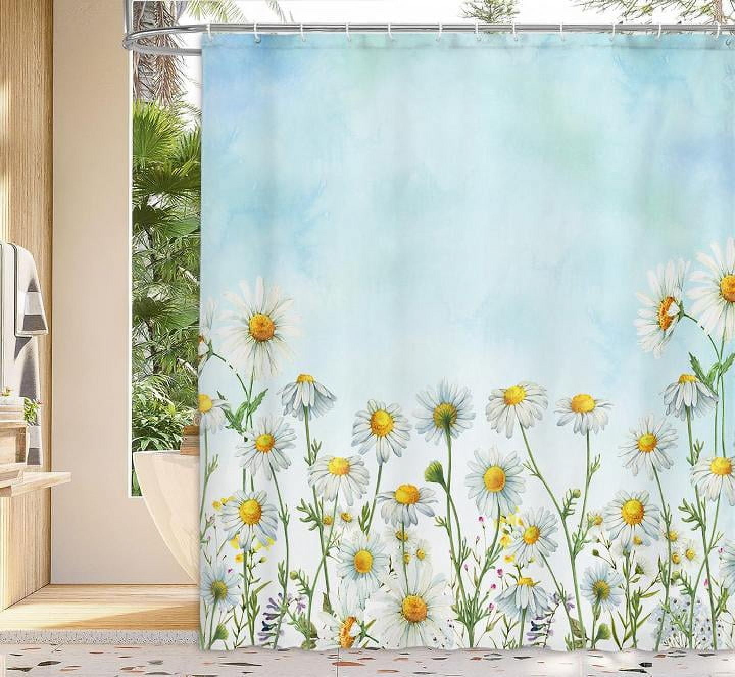 Daisy Shower Curtain, Floral Daisy Fabric Bathroom Curtains, Rustic Farmhouse Boho Shower Curtain Set, White Daisy Bathroom Shower Curtain with 12PCS Hooks, 70X70IN（Blue）