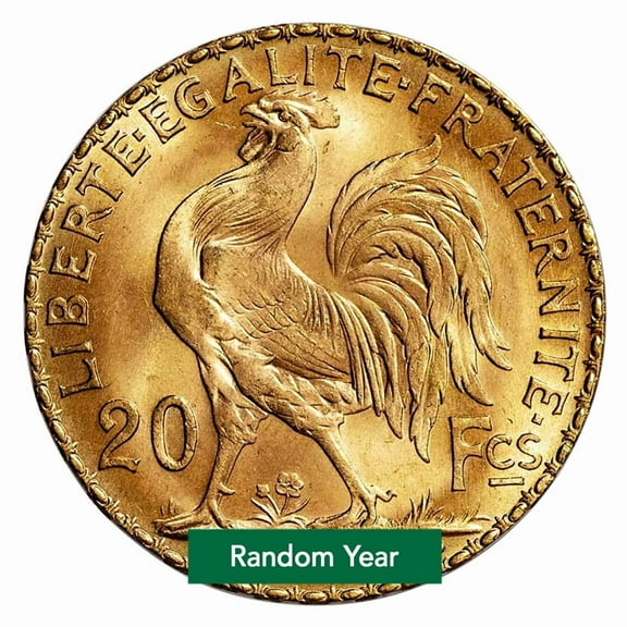French Gold 20 Francs Rooster Coin Avg Circ - Random Year
