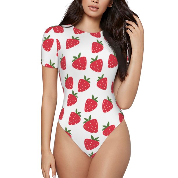 Balery Cartoon Strawberry Body de cuello redondo de manga corta para mujer Tops de manga corta Tops básicos-Large