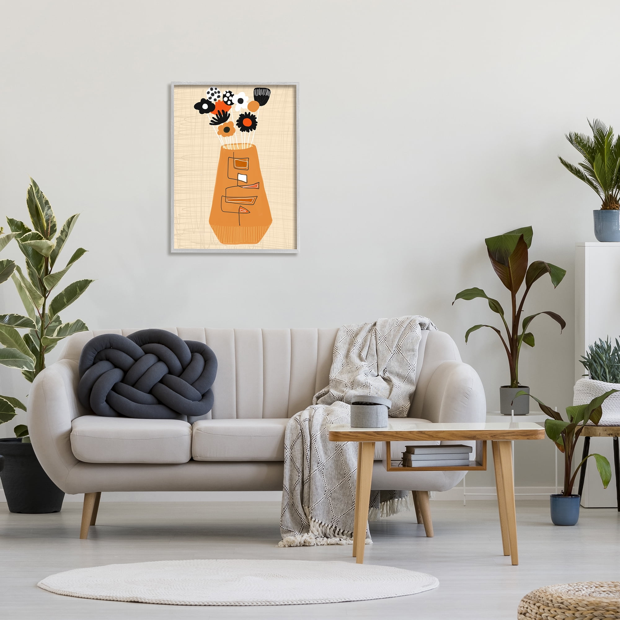 Stupell Industries Boho Orange Flower Vase Botanical & Floral Painting Gray Framed Art Print Wall Art, 24 x 30