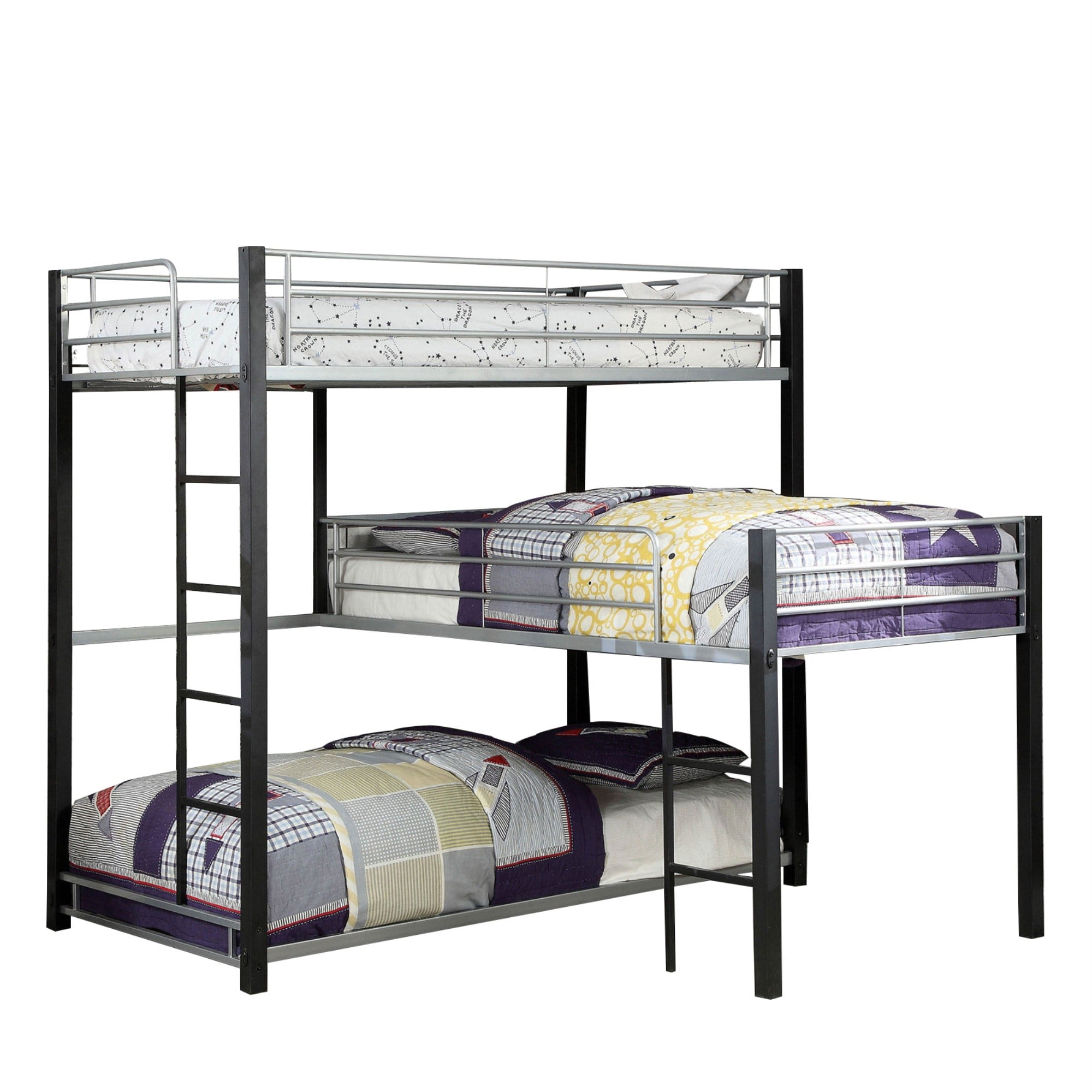 3 Tier Industrial Style Twin Bunk Bed with Corner Design, Black and