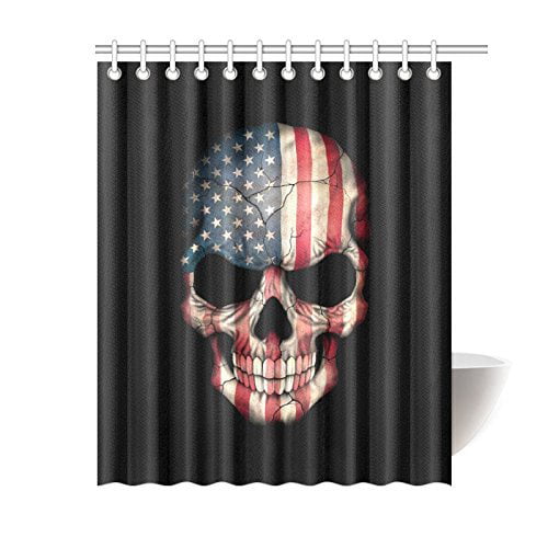 Skeleton With American Flag Fabric Shower Curtain Set Bathroom 71Inch 