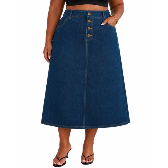 WBLTRVE Women's Plus Size Classic Blue Denim Midi Skirt, High Waisted Casual A Line Jean Skirt with Front Buttons