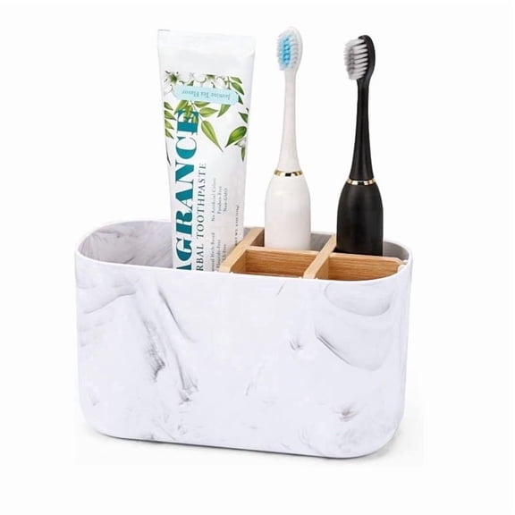 Toothbrush Holders for Bathrooms, 5 Slots Bamboo Toothbrush Holder Kids Electric Toothbrush Holder and Toothpaste Holder for Bathroom Countertop Accessories Storage, Marble Toothbrush Organizer