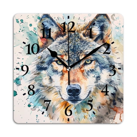 Square Wall Clock,Watercolor Wolf Face On White BackgSquare Splashes Of Color ASquare The Edges,Silent Non-Ticking Wall Clock Decor for Home Office Kitchen Living Room Bedroom(10inch)