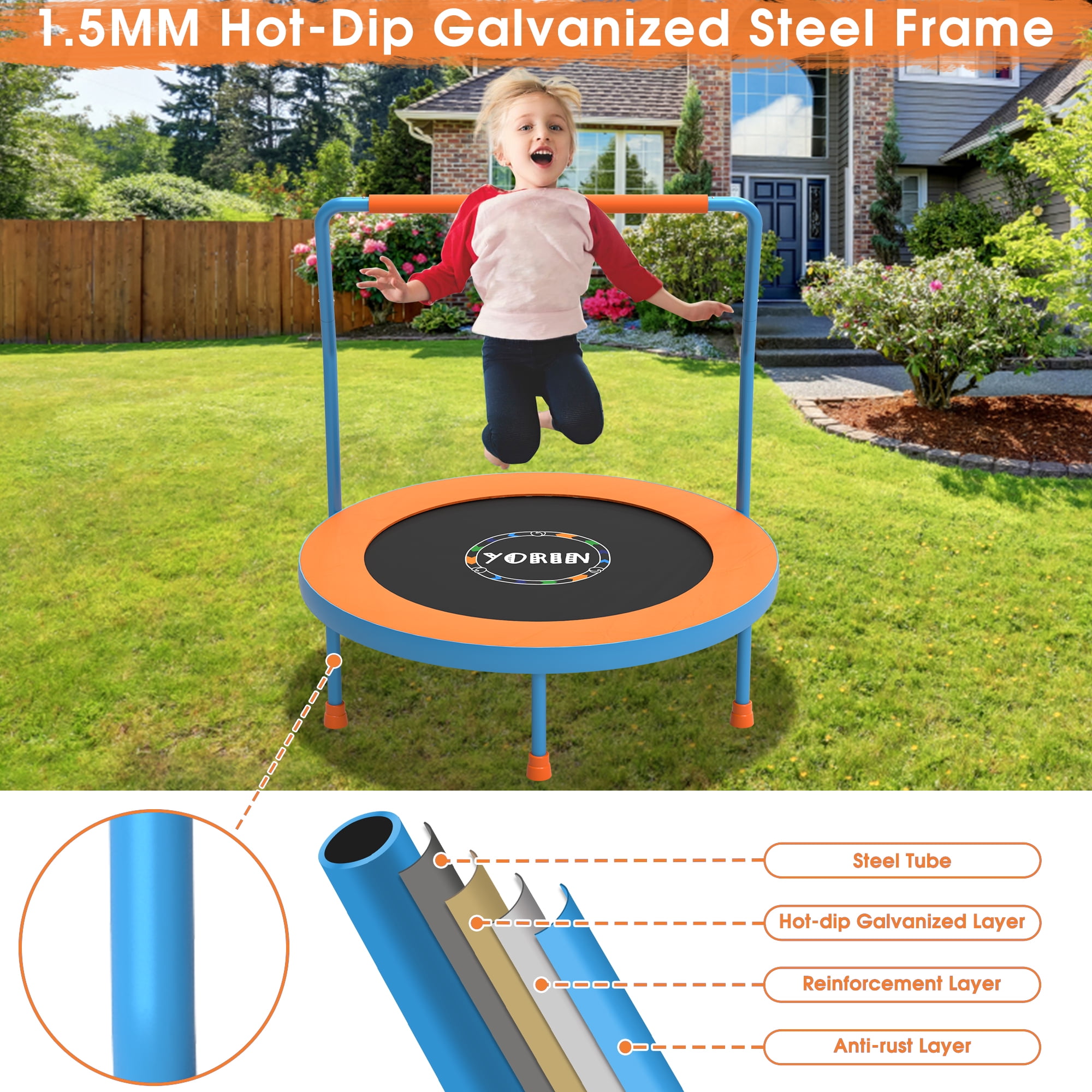 YORIN 36" Trampoline for Kids, 3FT Mini Indoor/Outdoor Foldable Toddler Trampoline with Adjustable Foam Handle, Small Rebounder Fitness Trampoline with No-Gap Padded Cover, Gift for Baby, Girls, Boys