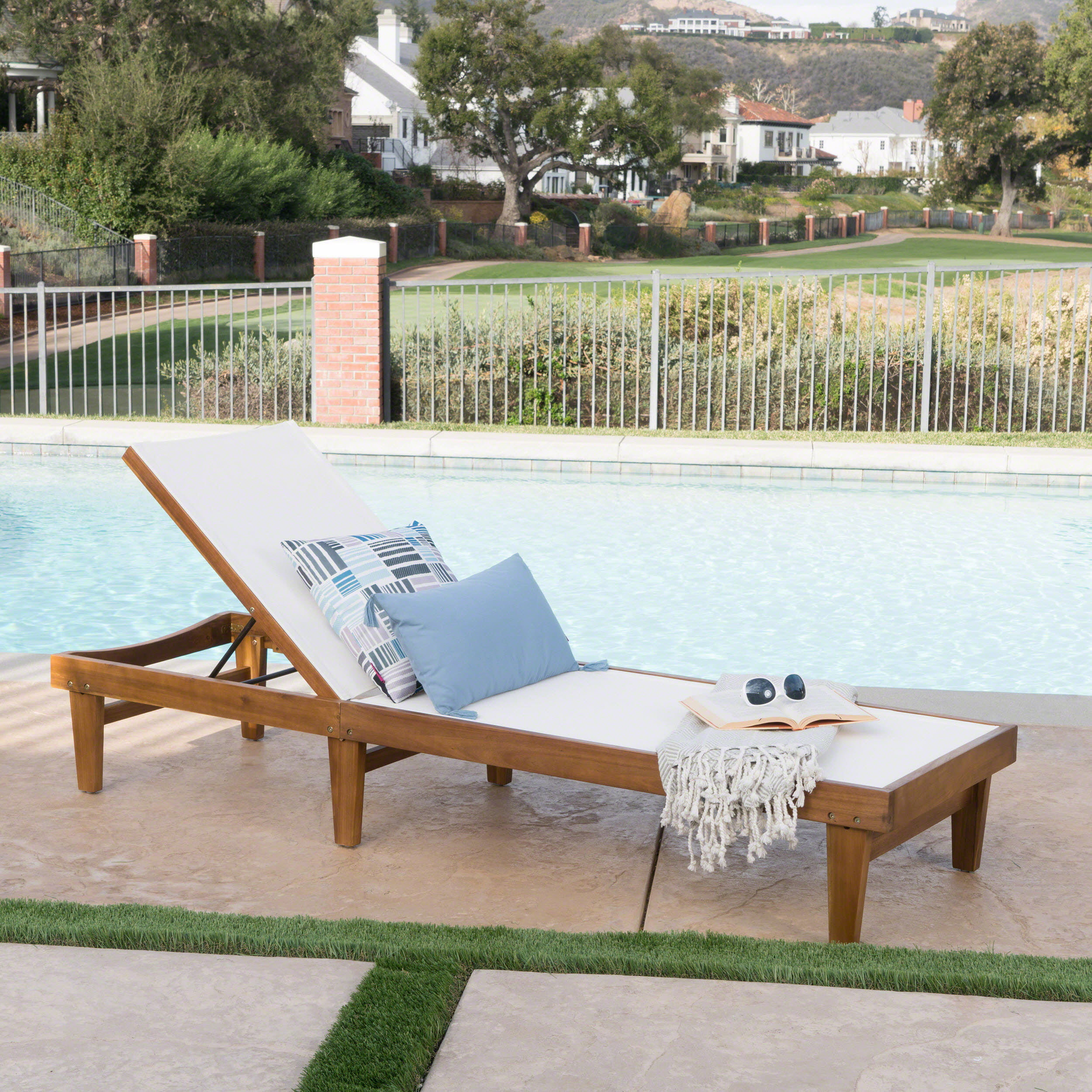 Della Outdoor White Mesh Chaise Lounge with Teak Finished Acacia Wood Frame