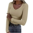 thumbnail image 2 of Lovskoo Womens Long Sleeve Shirts Fitted Tops V-Neck Slim T Shirts Going Out Tops Basic Tees Khaki, 2 of 6