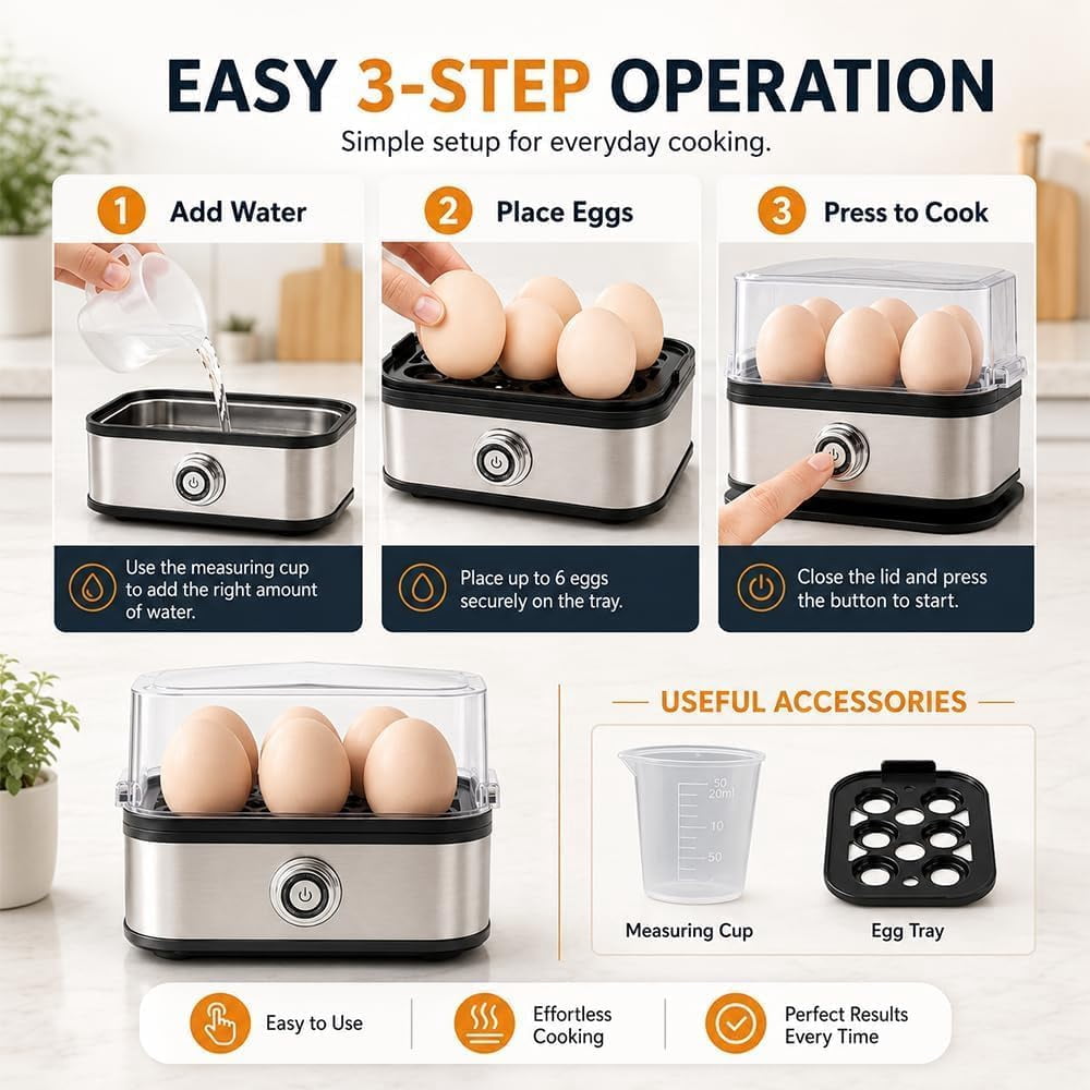 Multifunctional Egg Steamer with Clear Lid, Electric Egg Cooker for 6 Eggs with Auto Shutoff, 304 Stainless Steel Rapid Cooker with Dry-Burn Protection for Soft, Medium or Hard-Boiled Eggs (1PC)