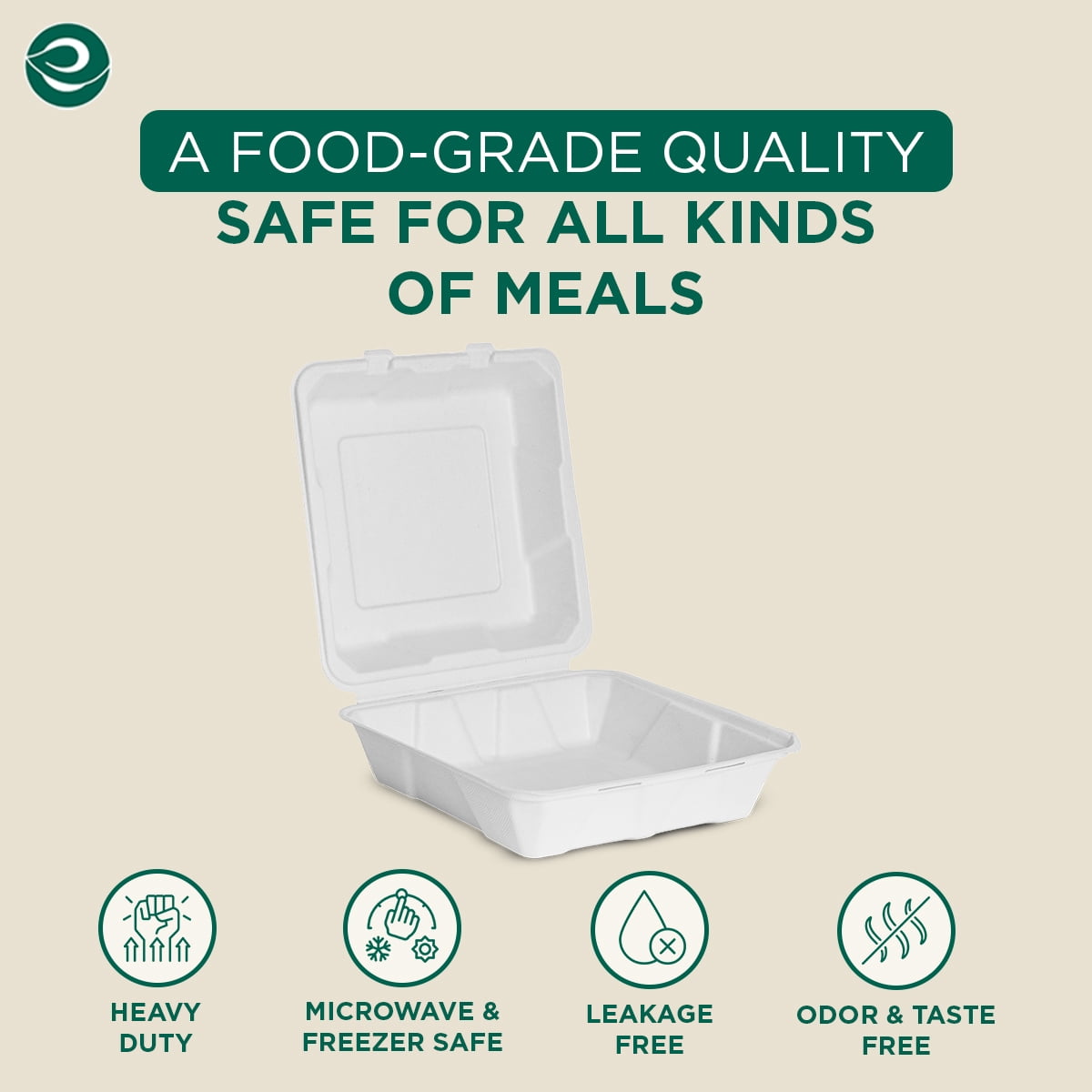 Eco-Friendly Compostable Bagasse Clamshell Containers - 9 x 9 Inches, 50 Count