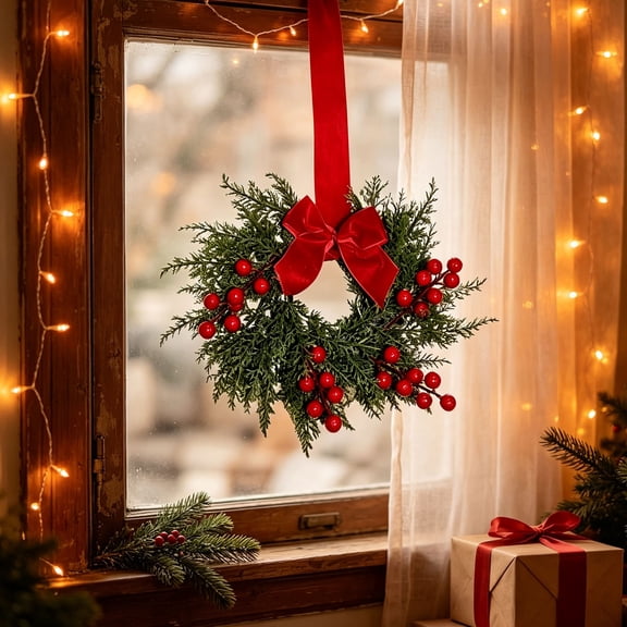 Christmas Wreaths for Front Door,Mr. Christmas Wreath,Artificial Small Wreaths with Velvet Bow & Red Berries for Cabinets Kitchen,Window,Farmhouse Wall Xmas Decor,1 PC