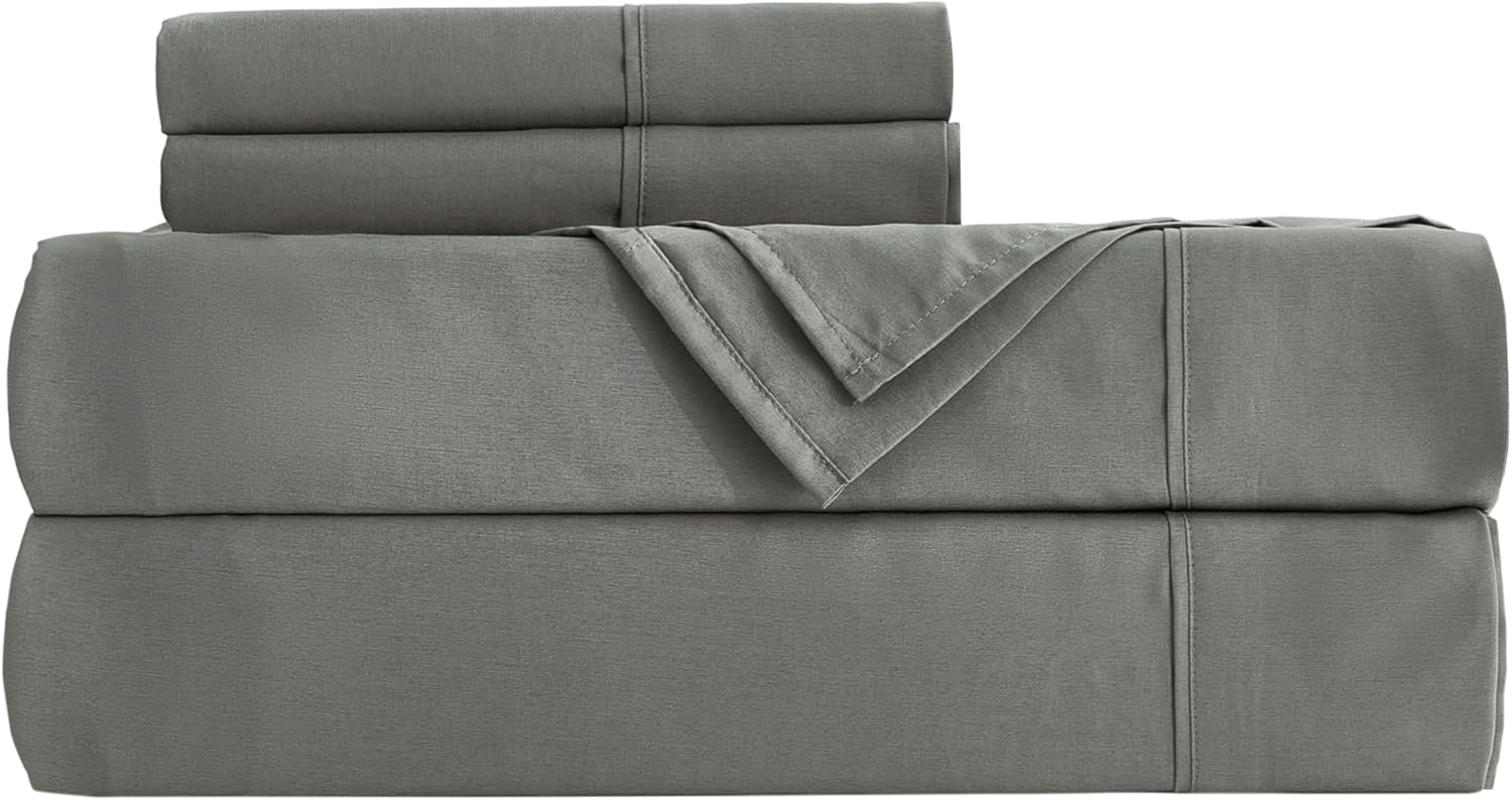 Chezmoi Collection 4-Piece Stone Washed Full Sheet Set, Rayon Derived from Bamboo & Polyester Blended, Breathable & Cooling 15-Inches Deep Pocket Sheets & Pillowcases Set, Dark Gray