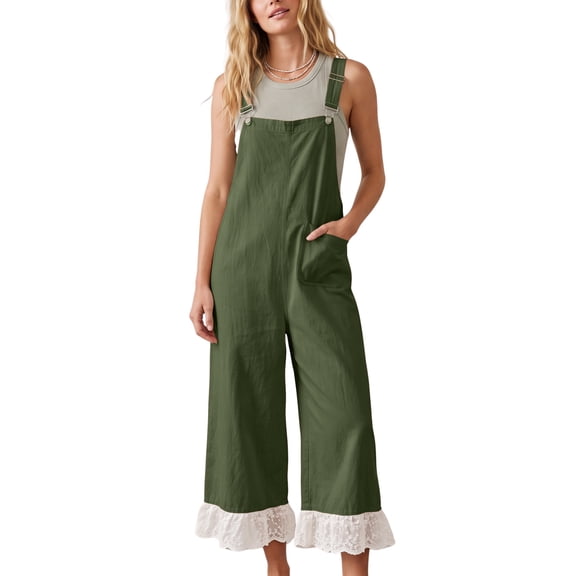 Womens Boho Lace Patchwork Bib Overalls Casual Adjustable Straps Wide Leg Jumpsuits with Pockets