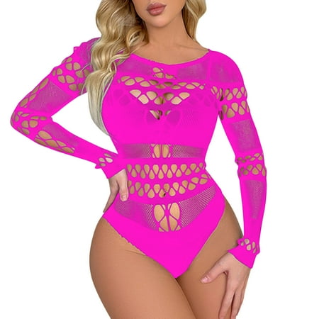 adviicd Fishnet Lingerie Women Colorful Rainbow Striped Fishnet Bodysuit Teddy Mini Dress Festival Rave Dance Bikini Beach Coverups Hot Pink One Size
