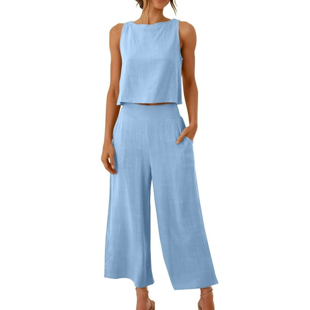 ICHUANYI Clearance2PC Fashion Woman Round Neck Solid Sleeveless Blouse +Loose Pockets Pants Sets(Sky Blue, S) ICHUANYI WER20232080500374