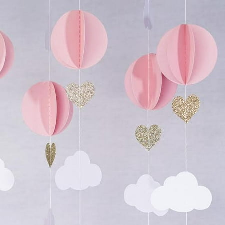 Pink White Gold Glitter Hot Air Balloon Hearts Cloud Baby Nursery Garland Banner Decoration