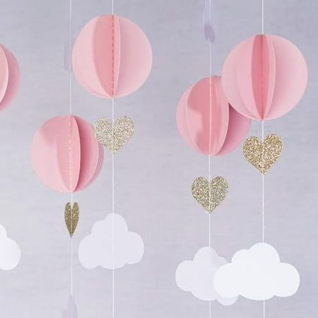 - Pink White Gold Glitter Hot Air Balloon Hearts Cloud Baby Nursery Garland Banner Decoration