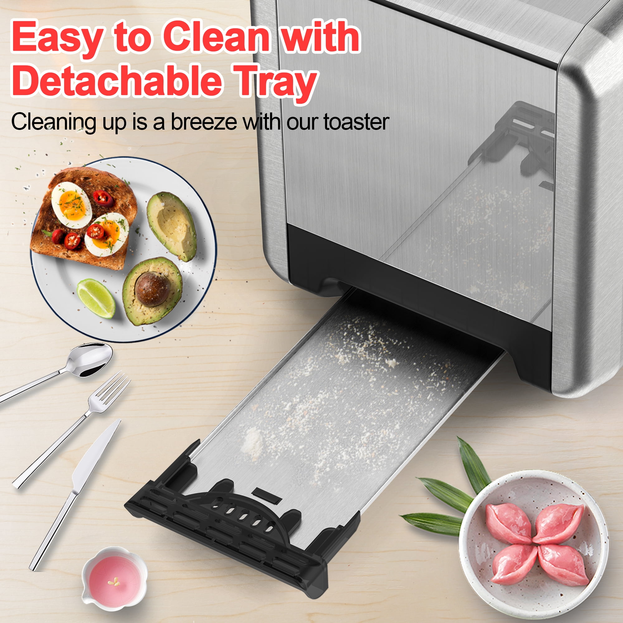 WHALL Touchscreen Toaster 2 Slice - Stainless Steel Toaster with Wide Slot, 6 Shade Settings, Bagel Function, Removable Crumb Tray
