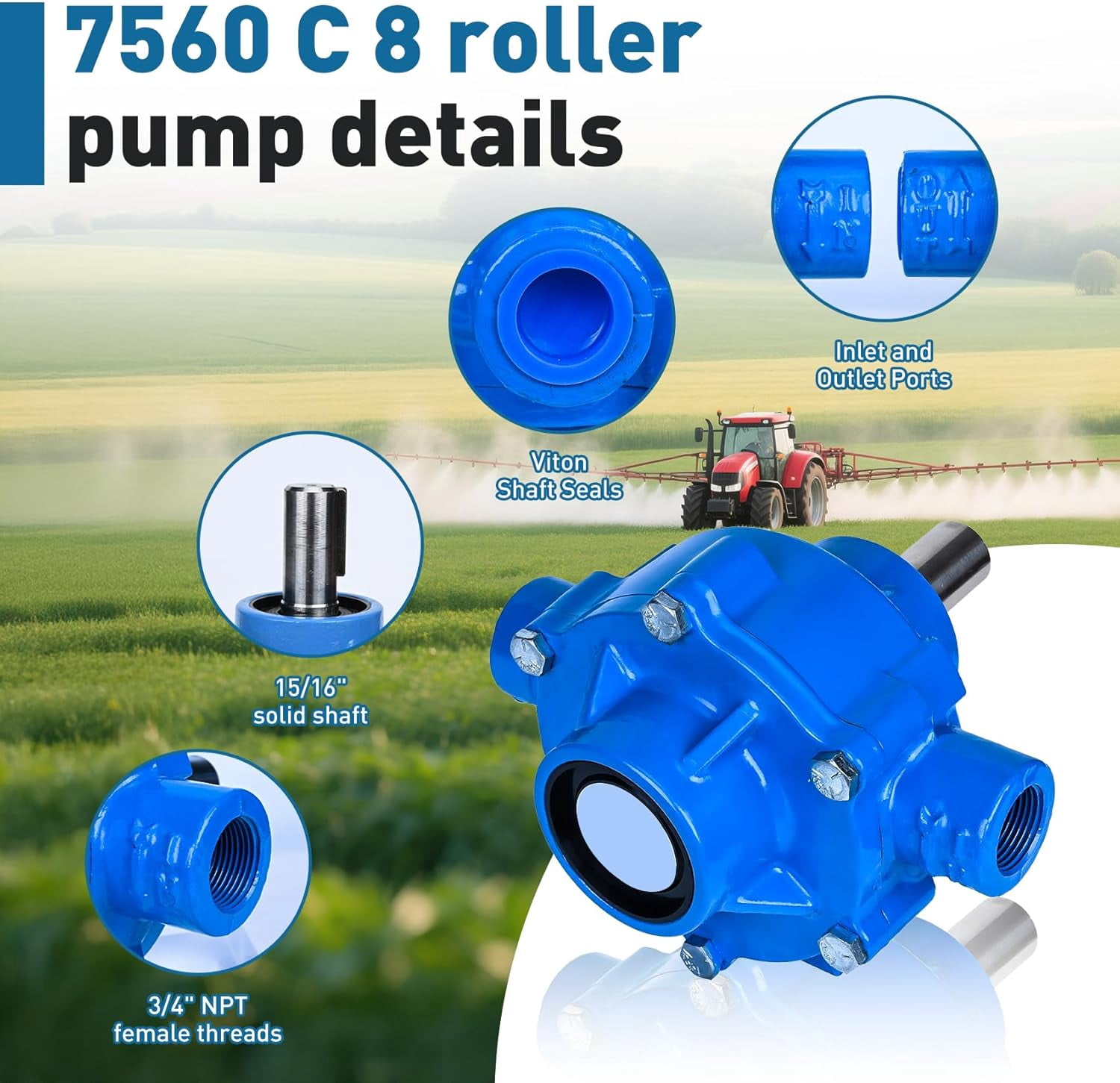 7560C Cast Iron 8 Roller Pump Compatible with Hypro 7560C, 22.5GPM, 300PSI Max Pressure, 3/4" NPT, 15/16" Solid Shaft for Agricultural Industry